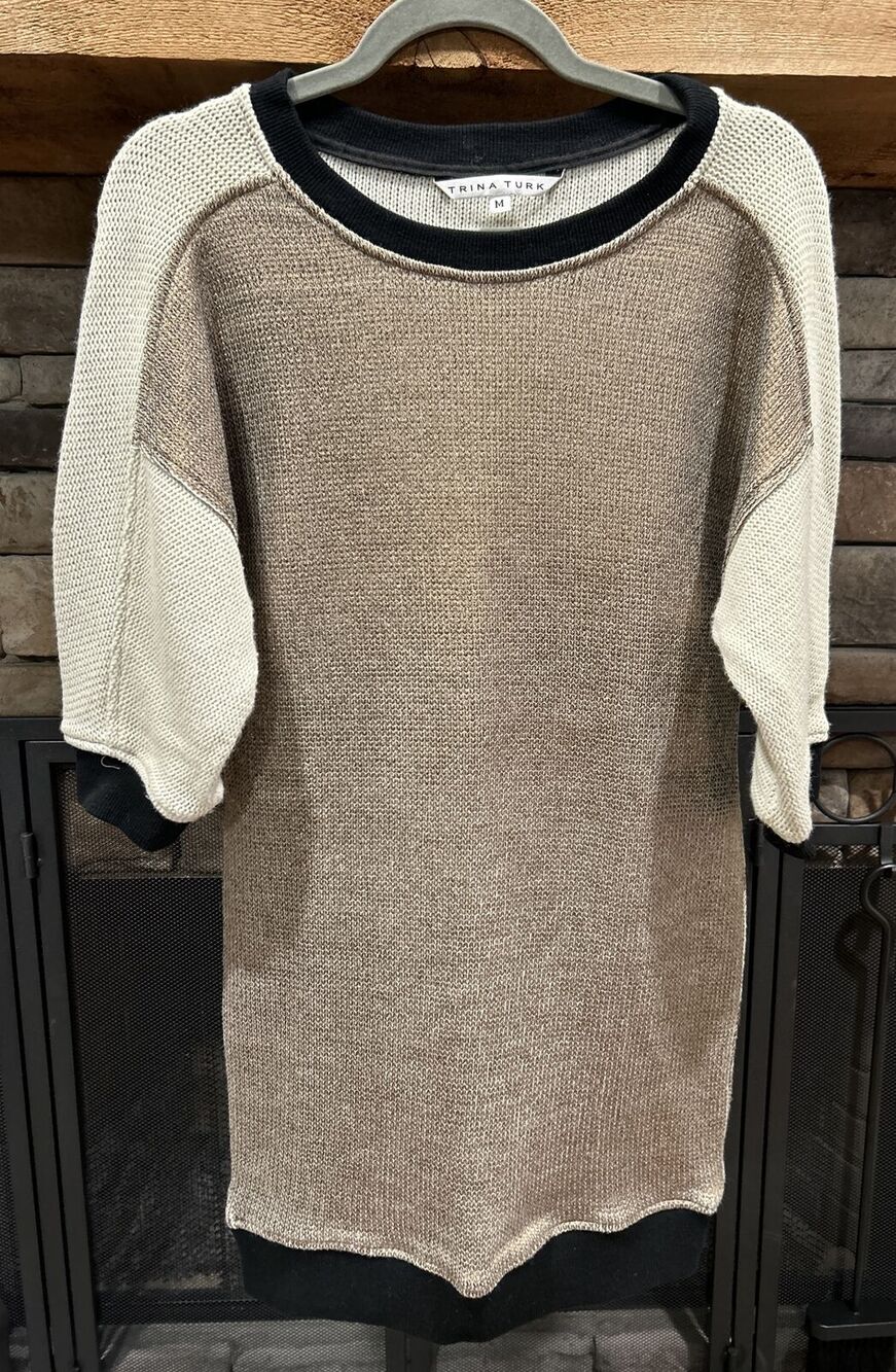 womens TRINA TURK gold/ivory/black color block sweater dress sz M *A4